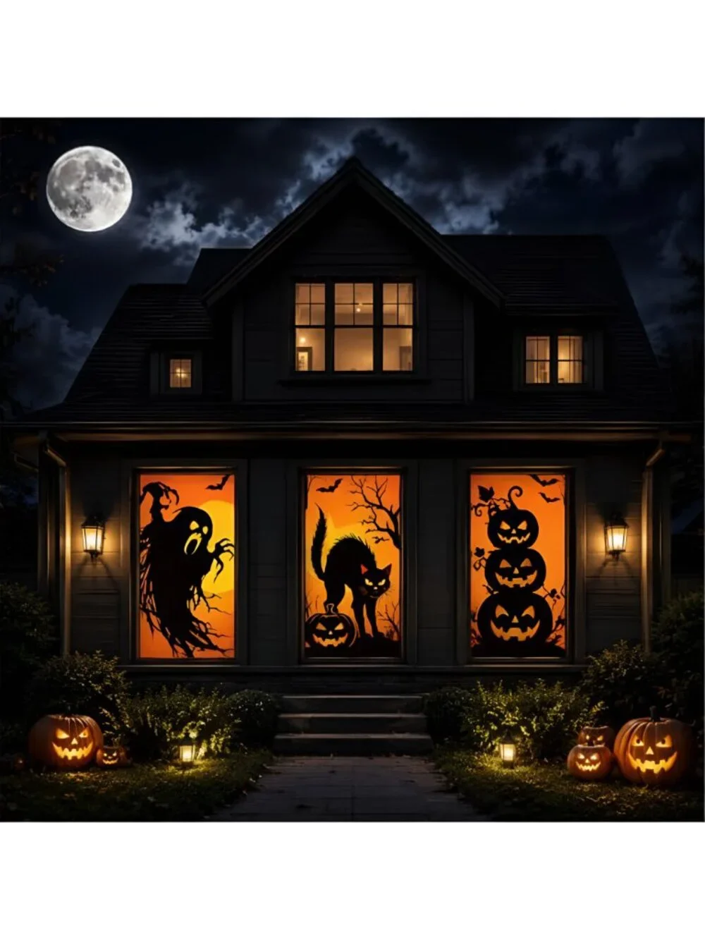 3 Pcs Halloween Ghost Silhouette Window Decor Large Ghost Black Cat Pumpkin